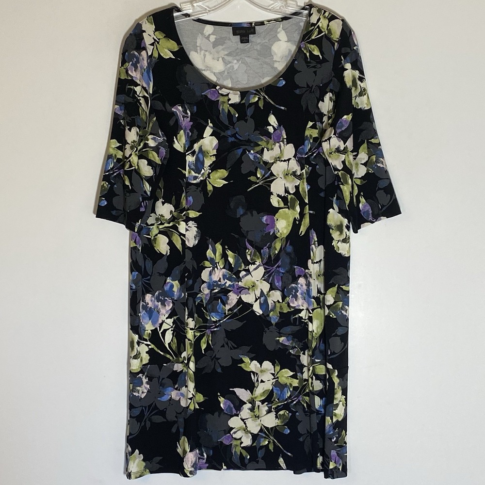 J. Jill Wearever Dress Womens Small Petite Black Purple Floral‎ Knit Midi Travel